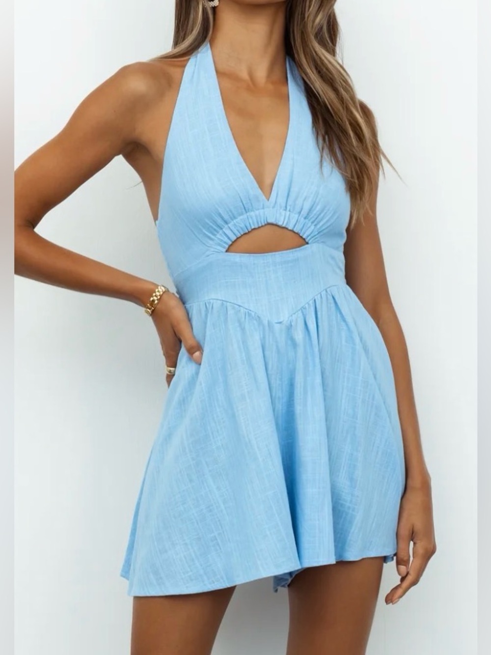 Hello Molly Wait For No One Light Blue Halter Romper Women’s Small Linen Blend